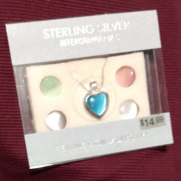 Sterling Silver 18" necklace with interchangeable genuine stone / cat's eye - Picture 4 of 6